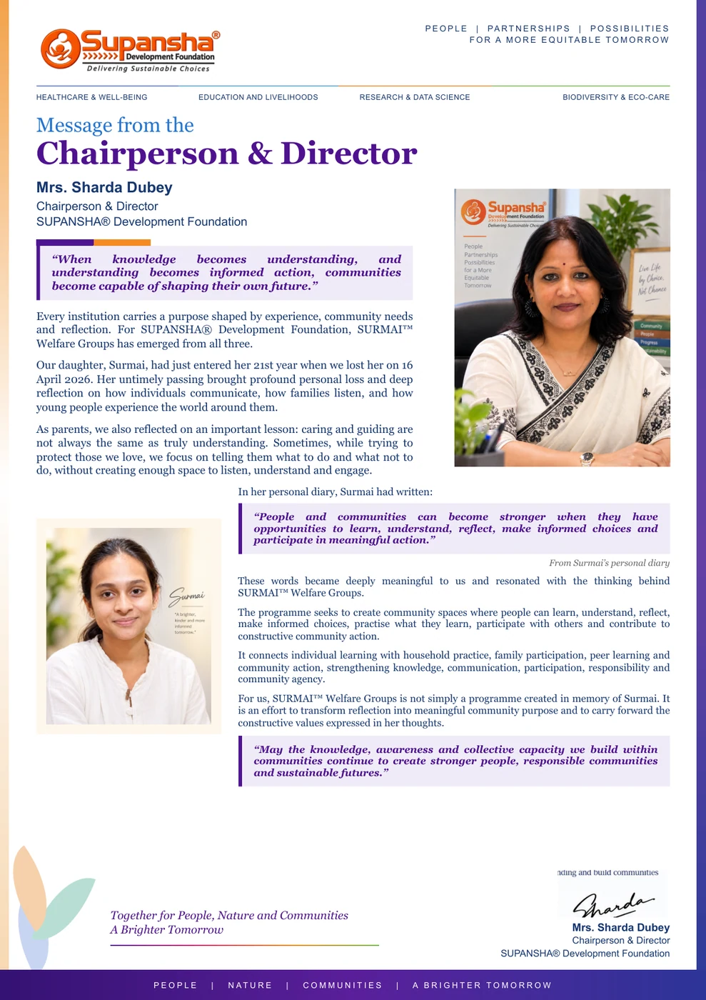 Message from the Chairperson and Director of SUPANSHA Development Foundation